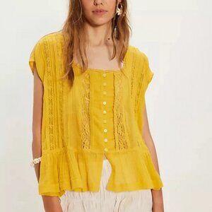 Free People FP One Georgia Blouse Top Lace Trim Capped Sleeve New
